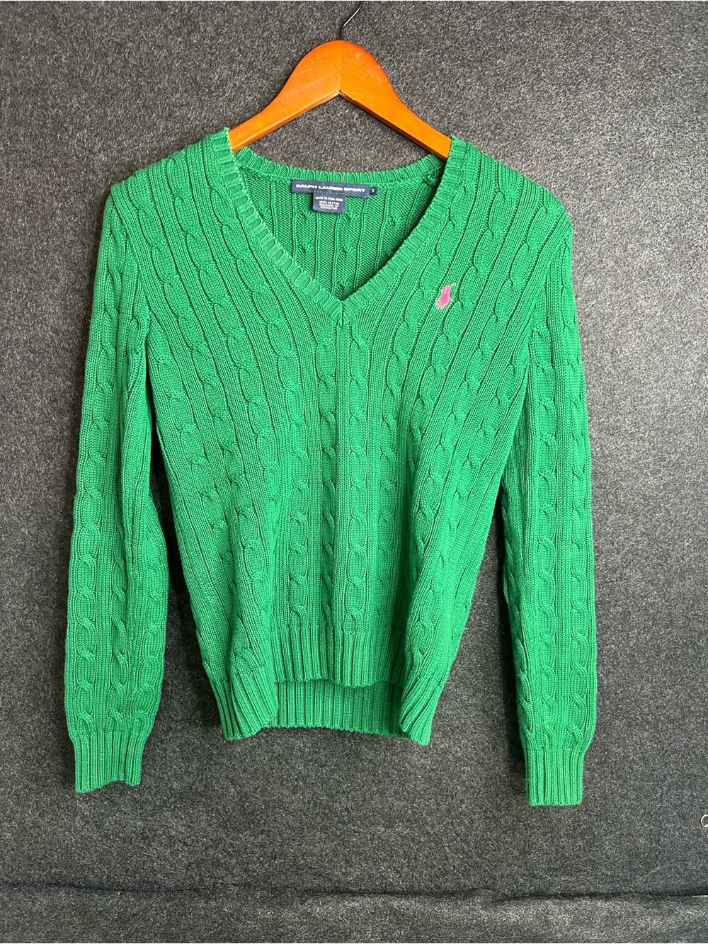 Ralph Lauren Sport Cable Knit Sweater Womens Size S Green V Neck Pink Pony Logo